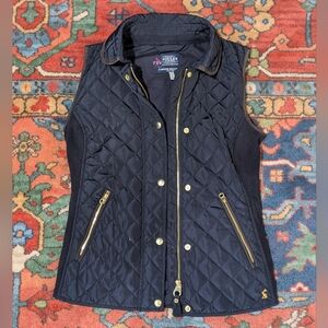 Joules Women's Quilted Navy Blue Vest Gold Accents Horse Print Liner Sz XS